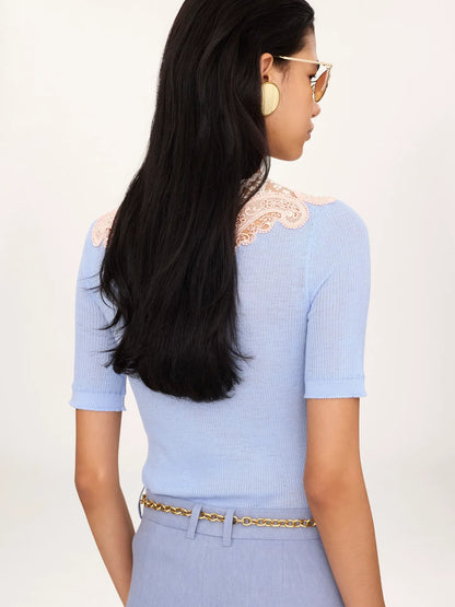 Elbow-sleeve fitted sweater in a wool knit & lace