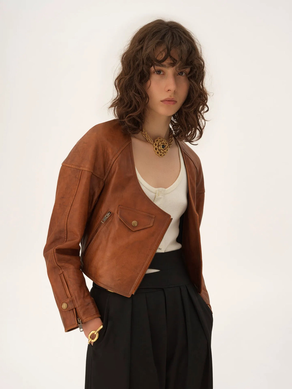 Cropped scoop-neck jacket in leather