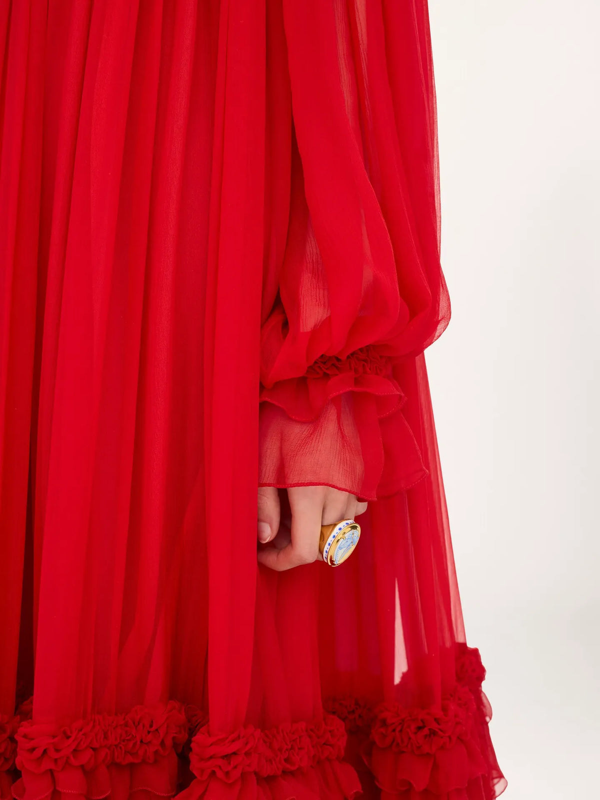 High-neck ruffled long dress in silk mousseline