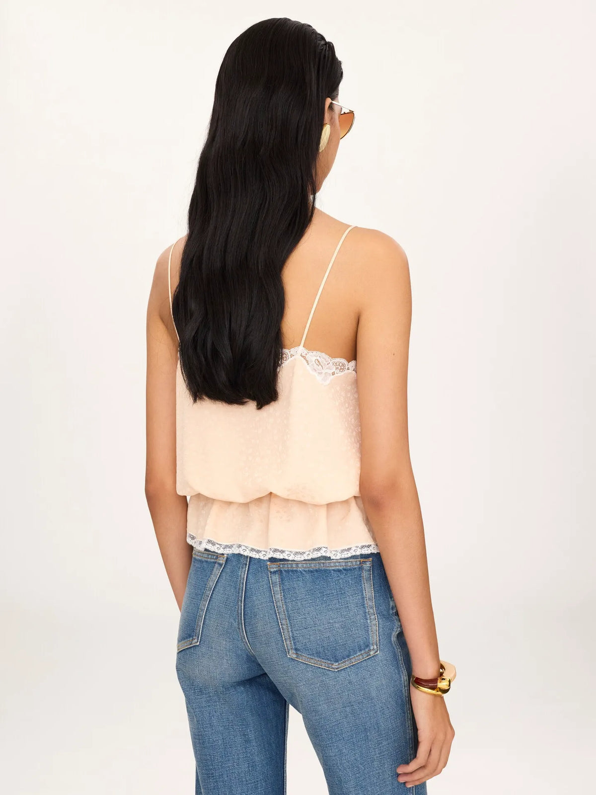 Drawstring camisole top in silk jacquard & lace