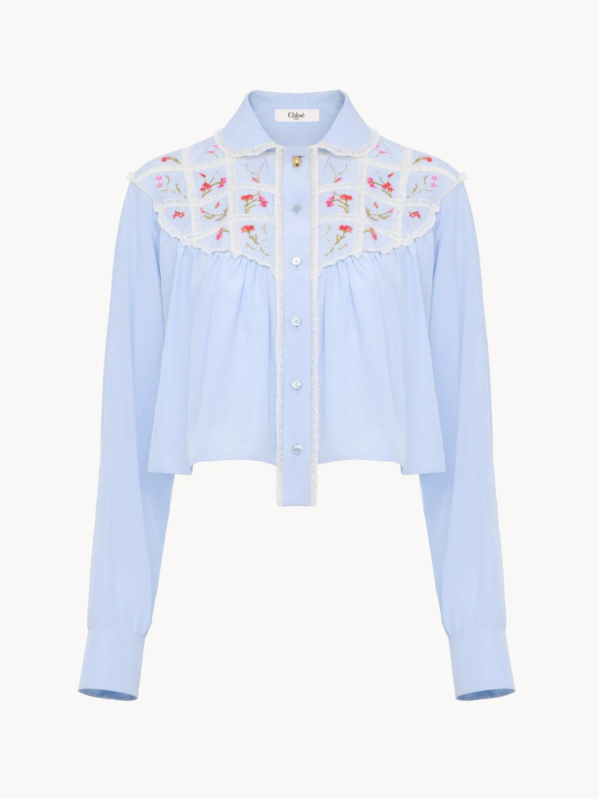 Cropped blouse in silk, cotton poplin & lace