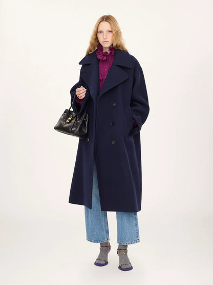 Double-breasted oversized long coat in wool