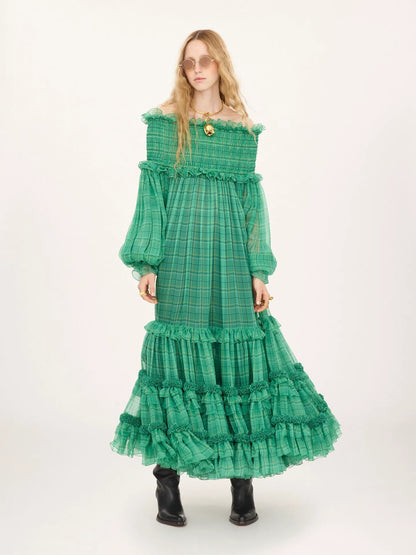 Off-the-shoulder long dress in check silk mousseline
