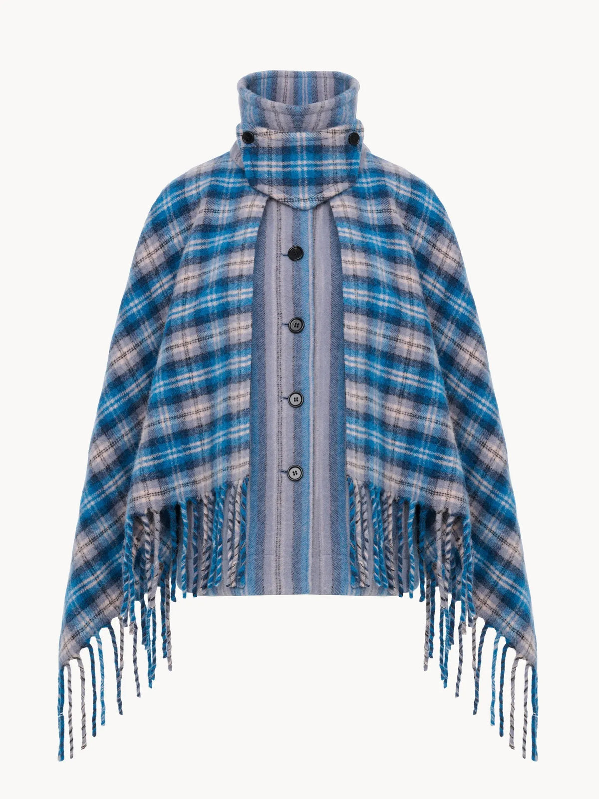 High-neck short cape coat in check wool & alpaca