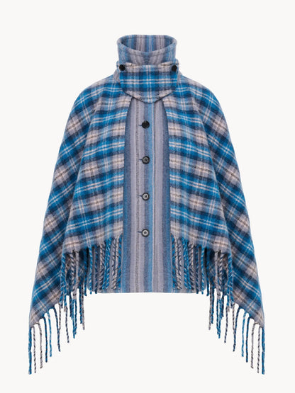 High-neck short cape coat in check wool & alpaca