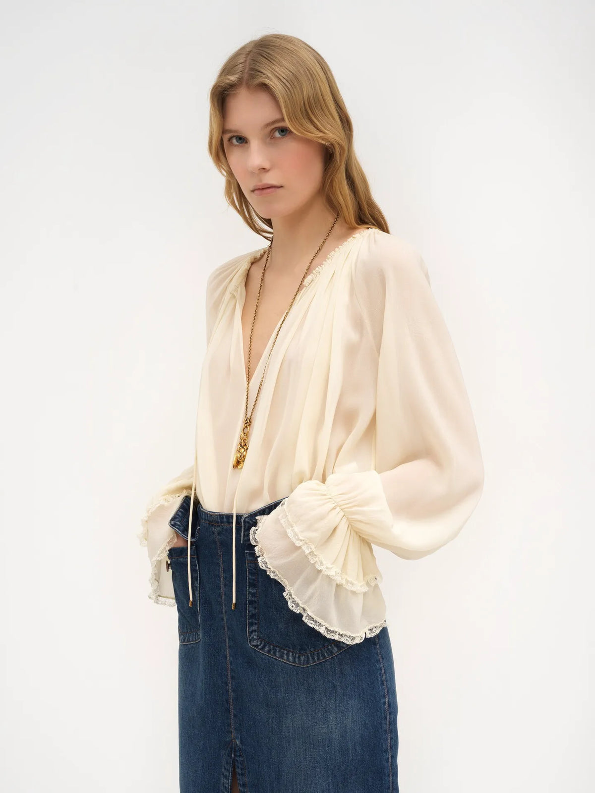 Gathered V-neck top in silk georgette