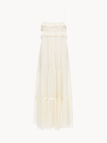 Sleeveless long dress in silk charmeuse