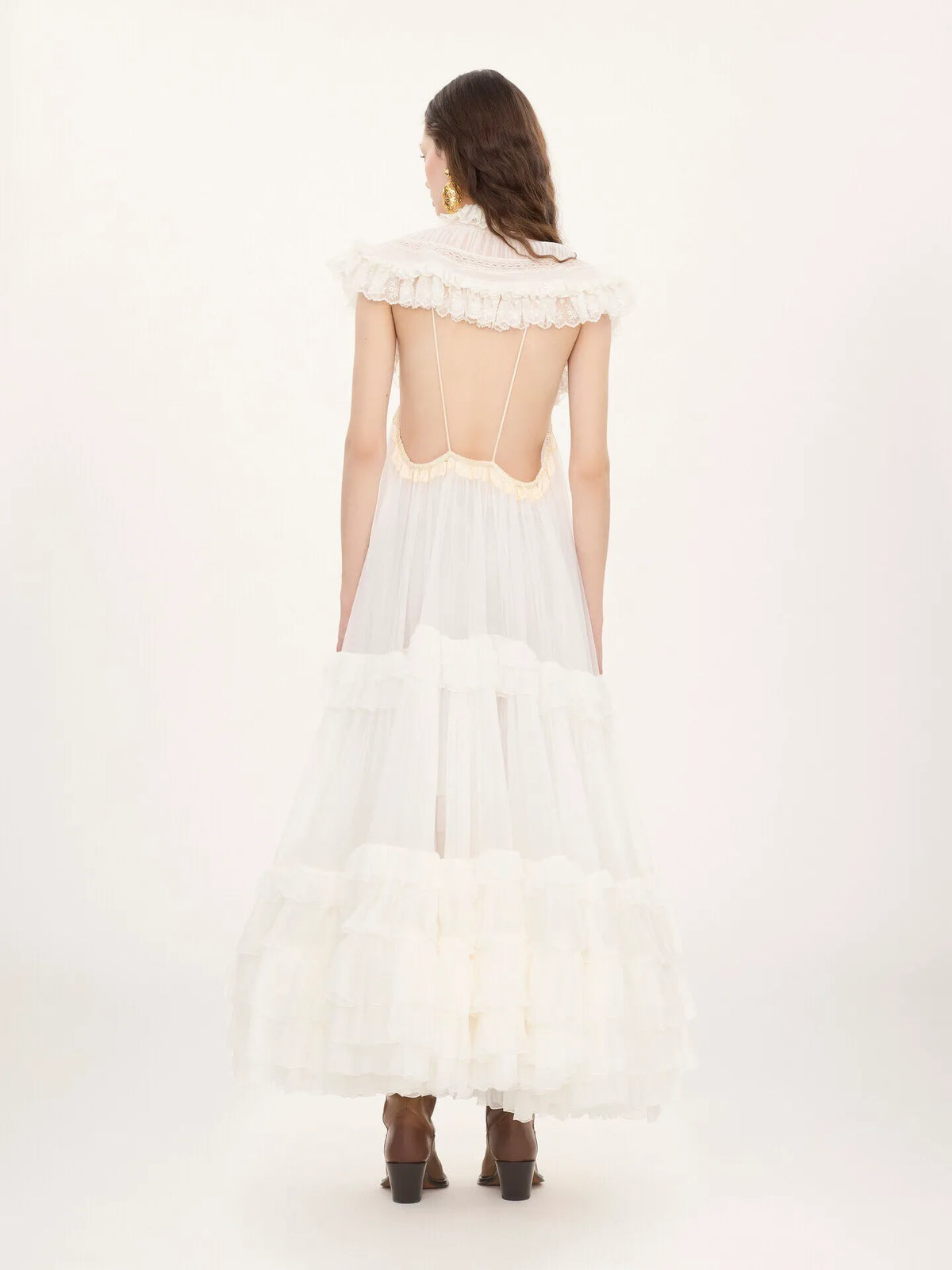Tie-front ruffled long dress in silk mousseline & lace