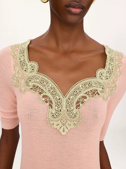 Elbow-sleeve fitted sweater in a wool knit & lace