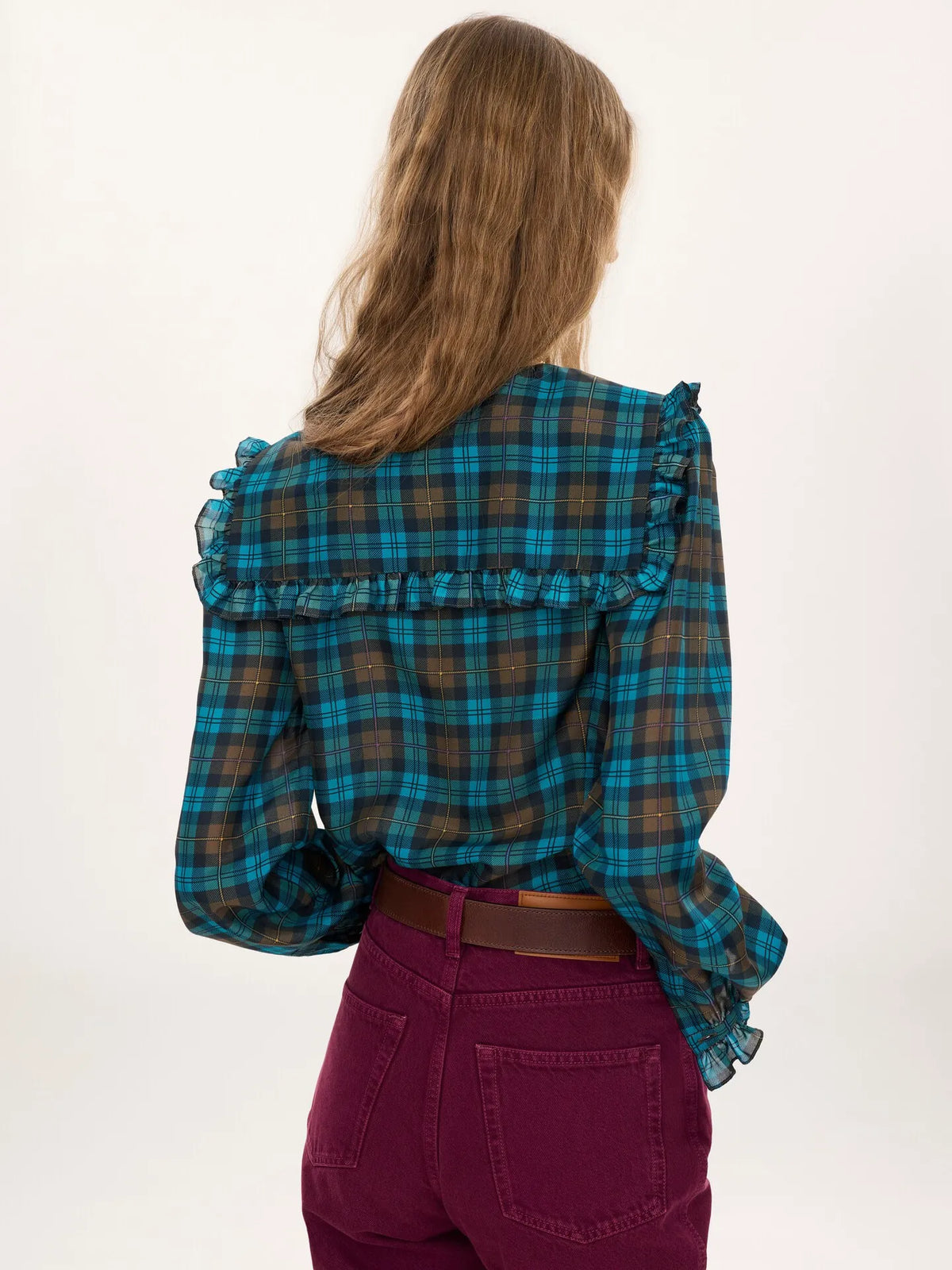 Ruffled lavallière blouse in check silk habotai