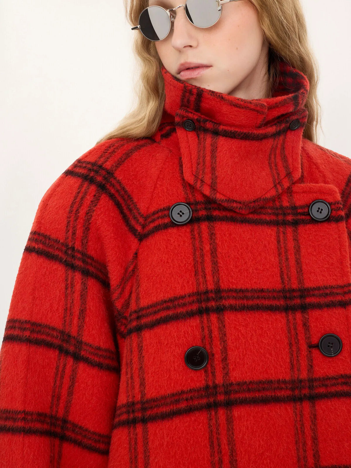 Double-breasted oversized long coat in check double-face wool & alpaca