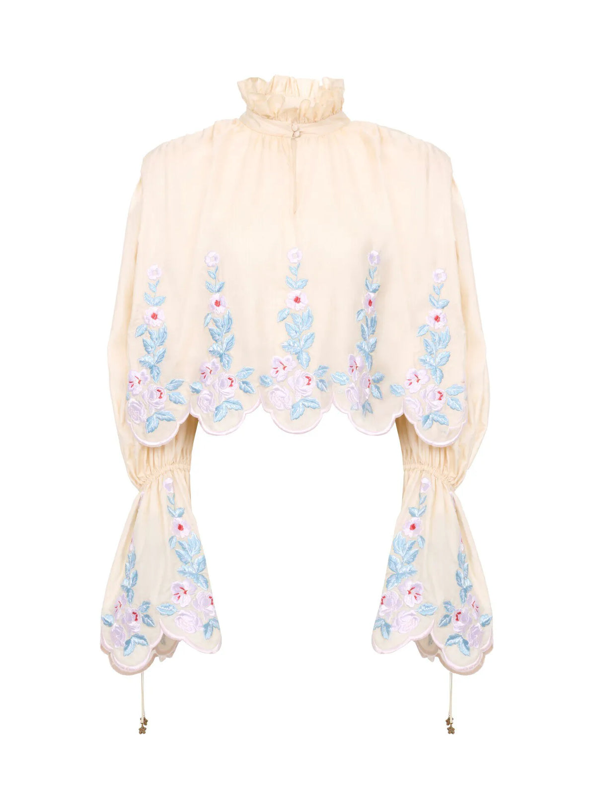 High-neck puff-sleeve top in technical taffeta