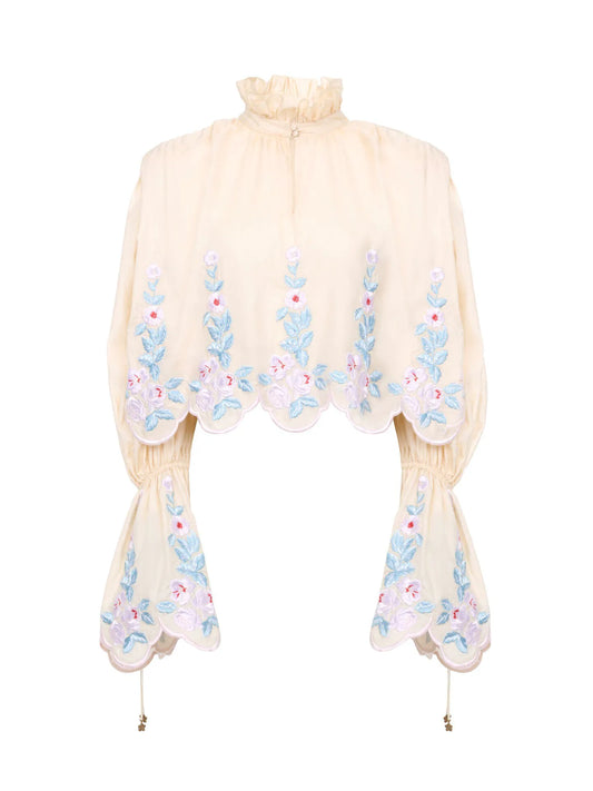 High-neck puff-sleeve top in technical taffeta