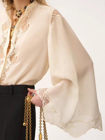 Fluid blouse in silk georgette & lace