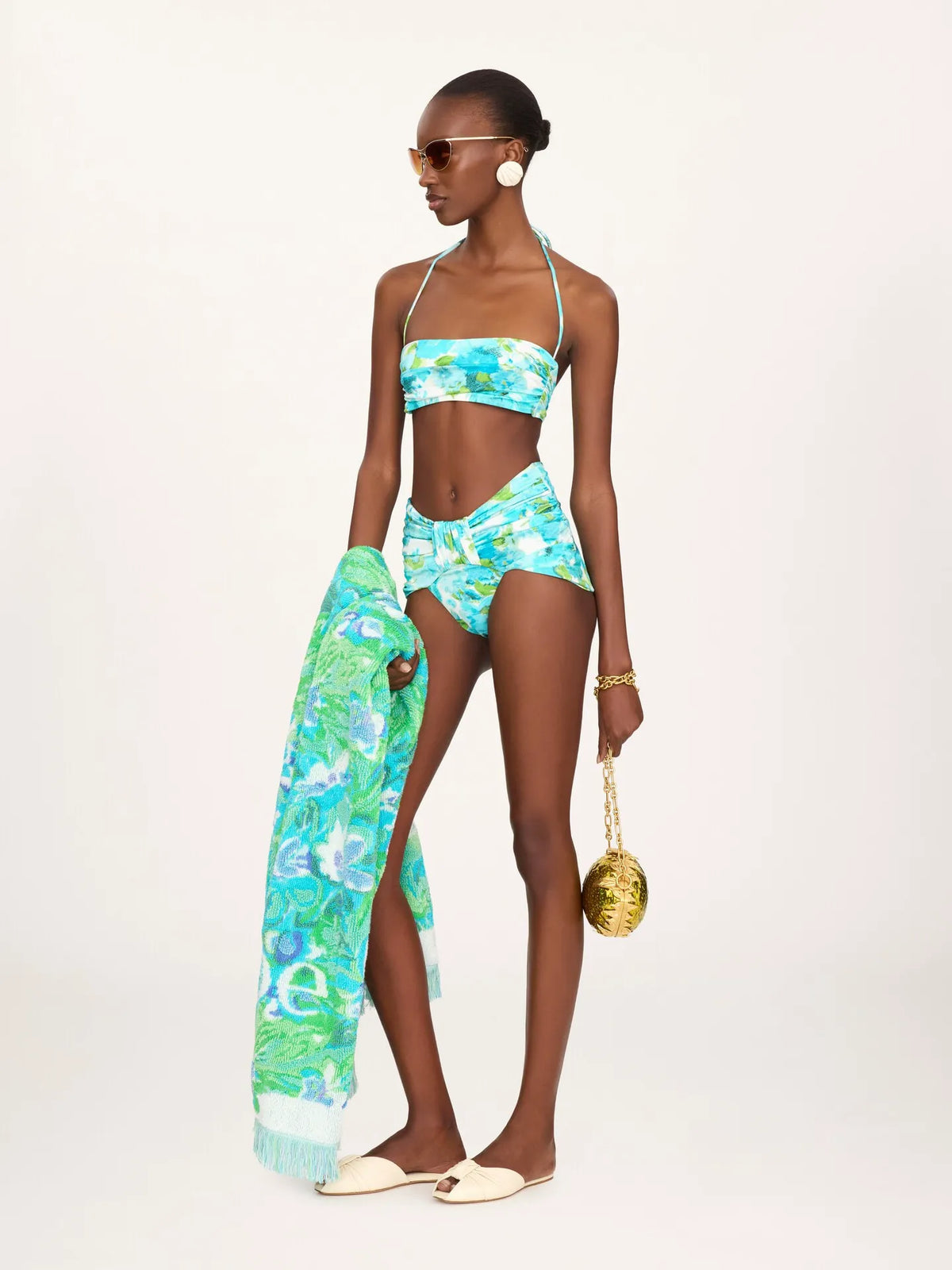 Aqua flower-print mid-rise draped bikini bottoms