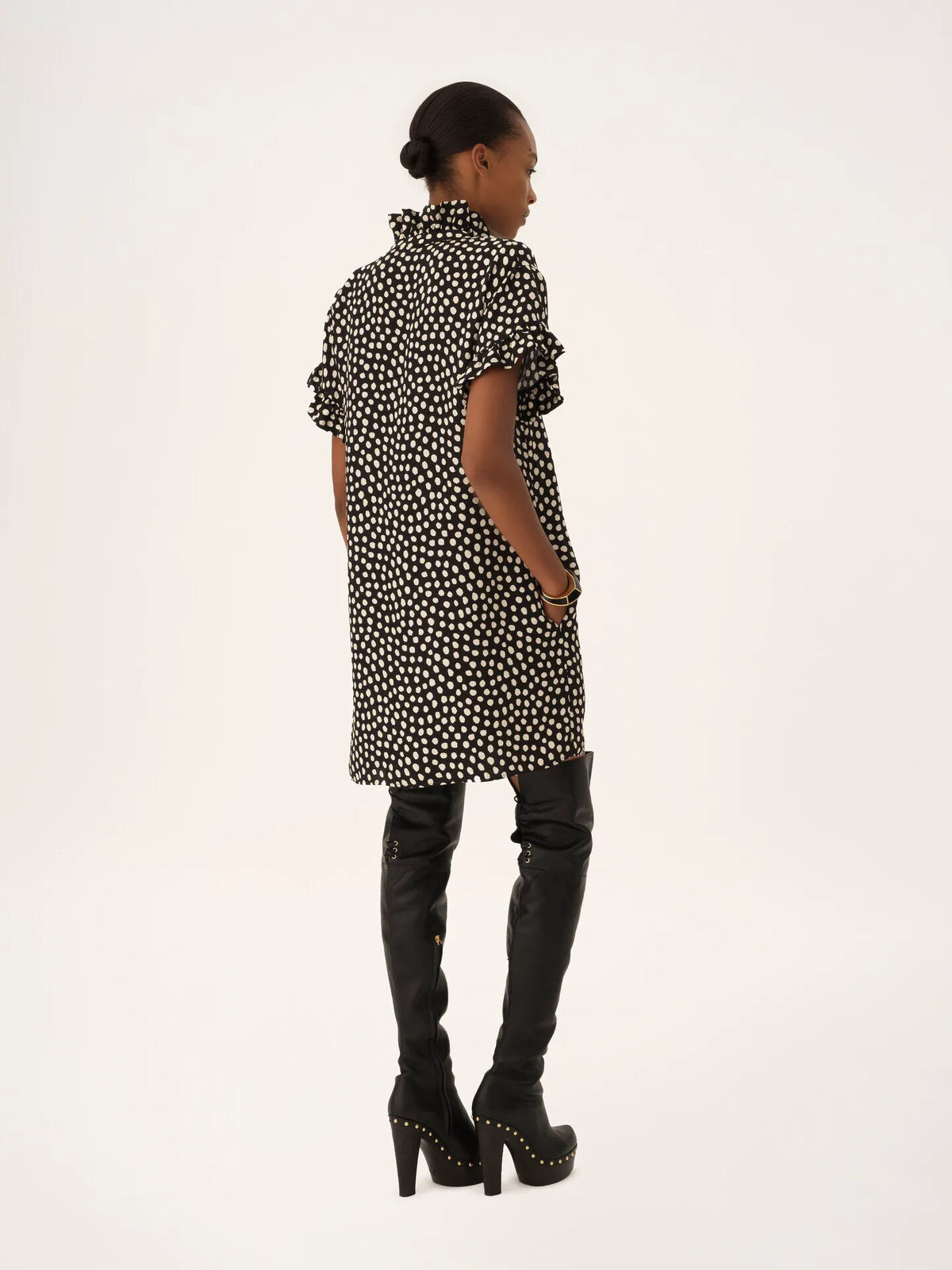 Short-sleeve mini dress in silk jacquard