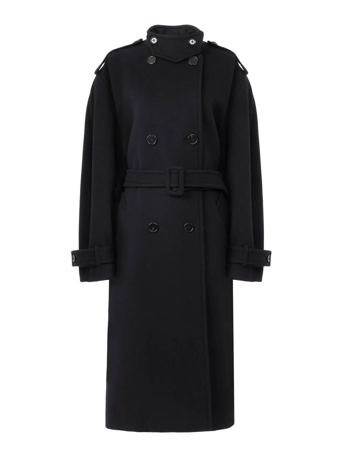 High-neck long coat in double-face wool