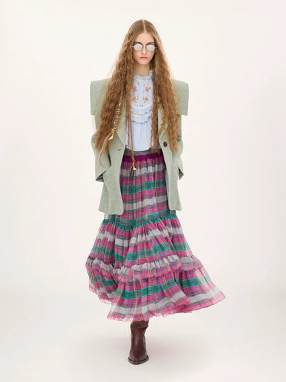 Ruffled long skirt in check silk mousseline