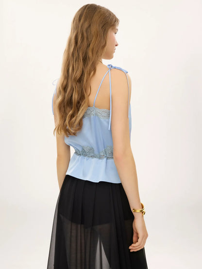 Drawstring camisole top in washed silk satin & lace