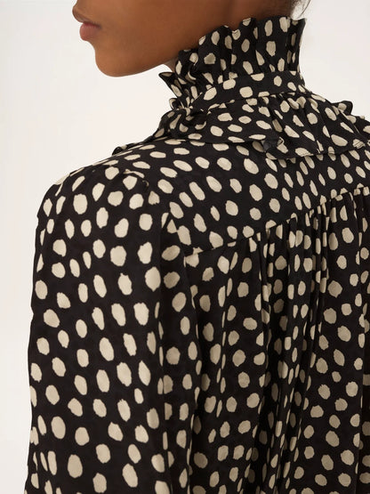 Tie-front ruffled blouse in silk jacquard