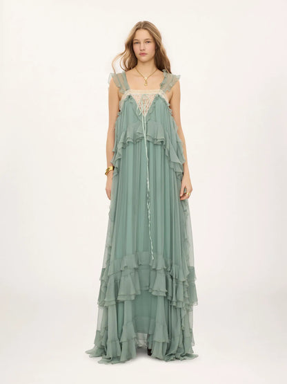 Sleeveless layered long dress in silk mousseline & lace