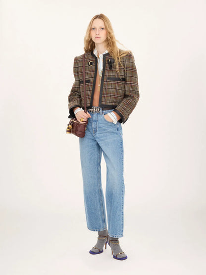 Collarless cropped boxy jacket in check wool