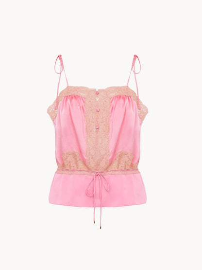 Drawstring camisole top in washed silk satin & lace