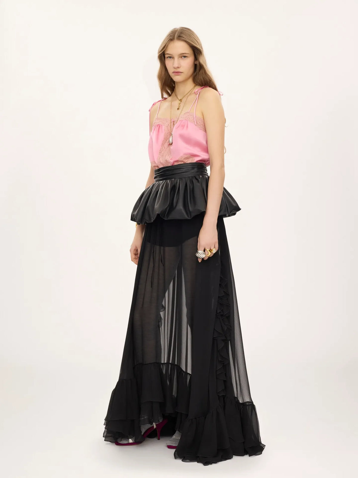 Drawstring camisole top in washed silk satin & lace