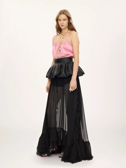 Drawstring camisole top in washed silk satin & lace