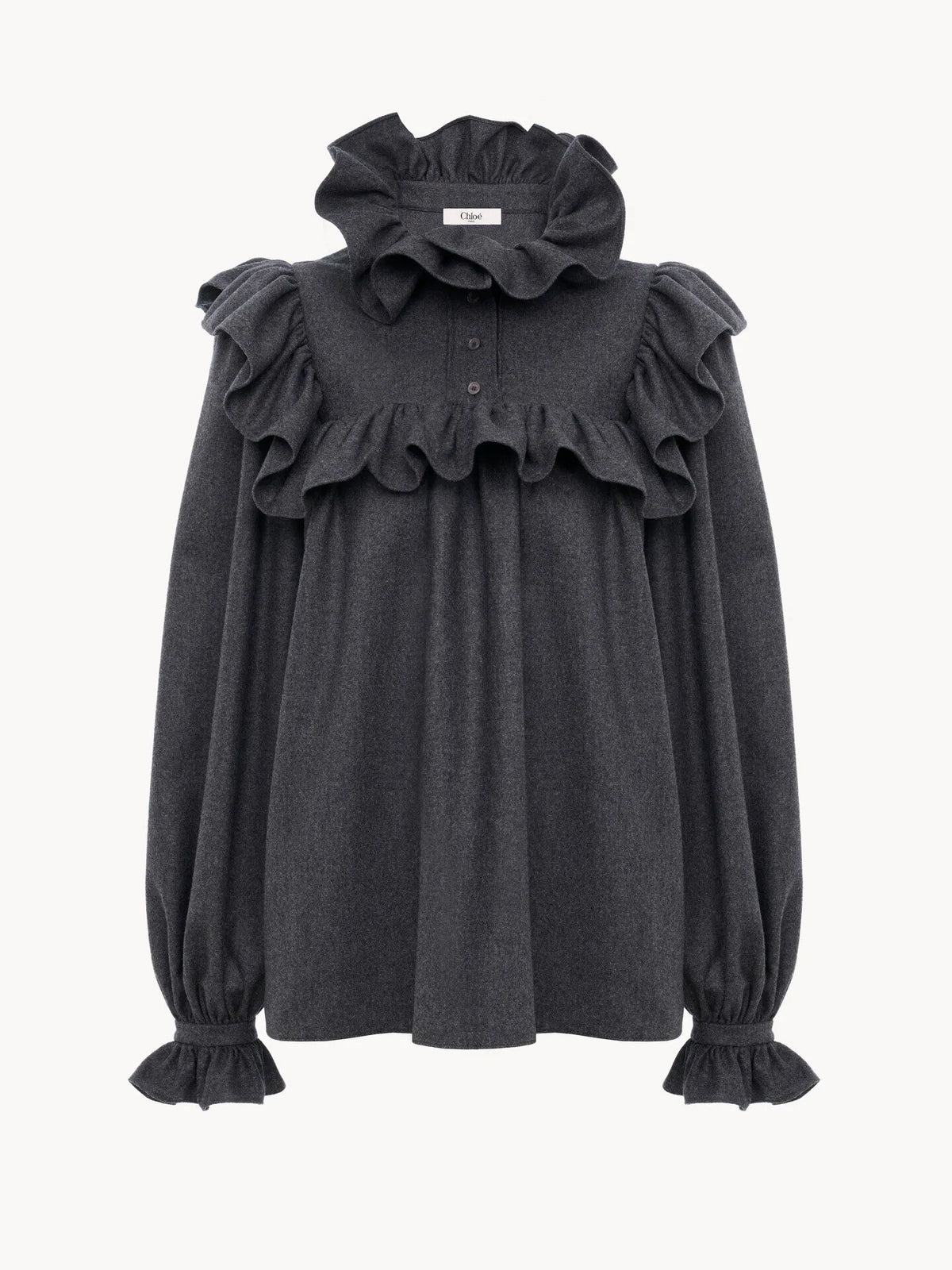 High-neck ruffle top in wool & cashmere flannel