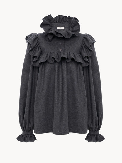 High-neck ruffle top in wool & cashmere flannel