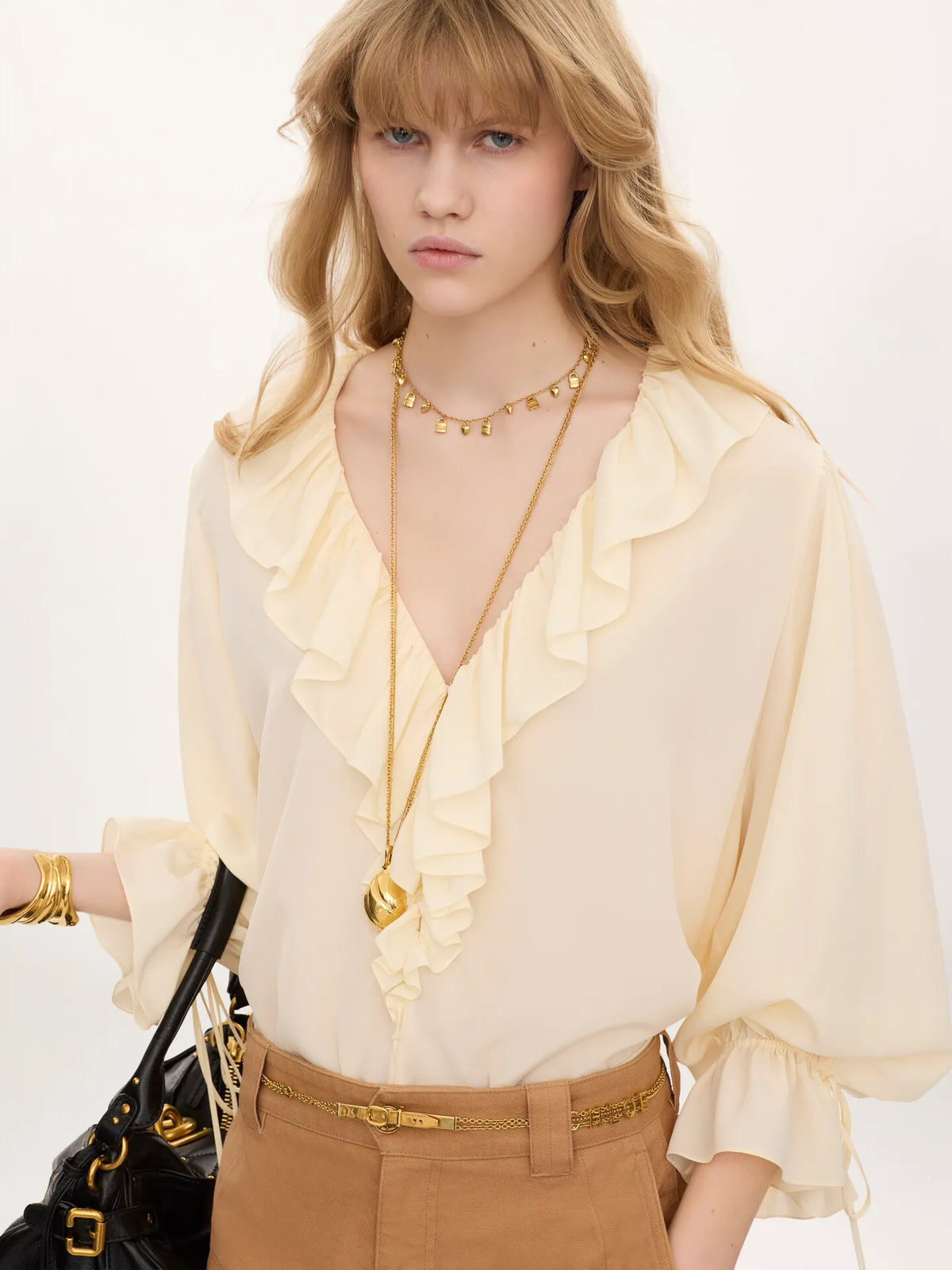 V-neck ruffle top in crêpe de chine