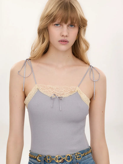 Thin-strap tank top in cotton jersey & lace