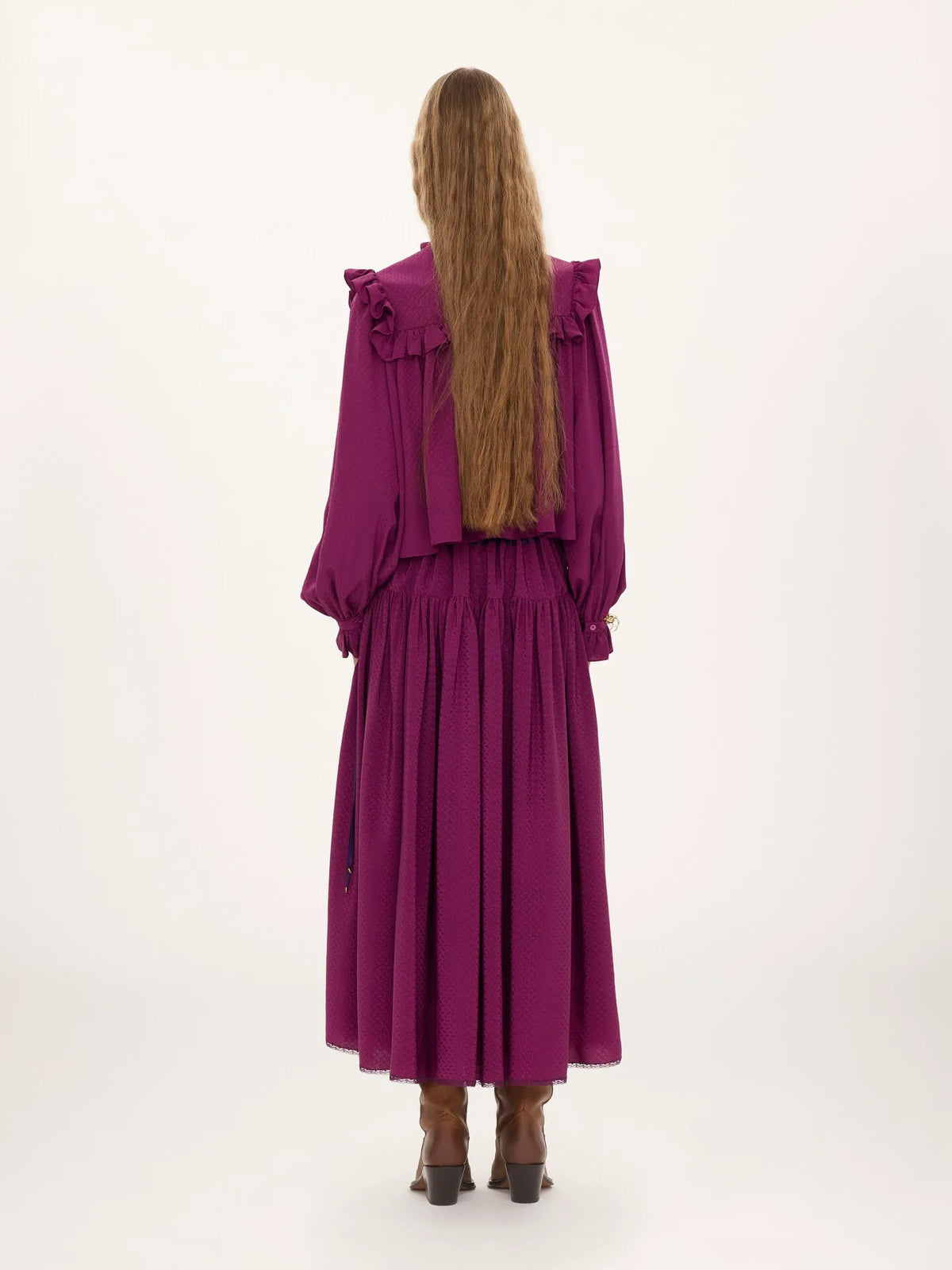 Ruffled high-neck top in silk jacquard