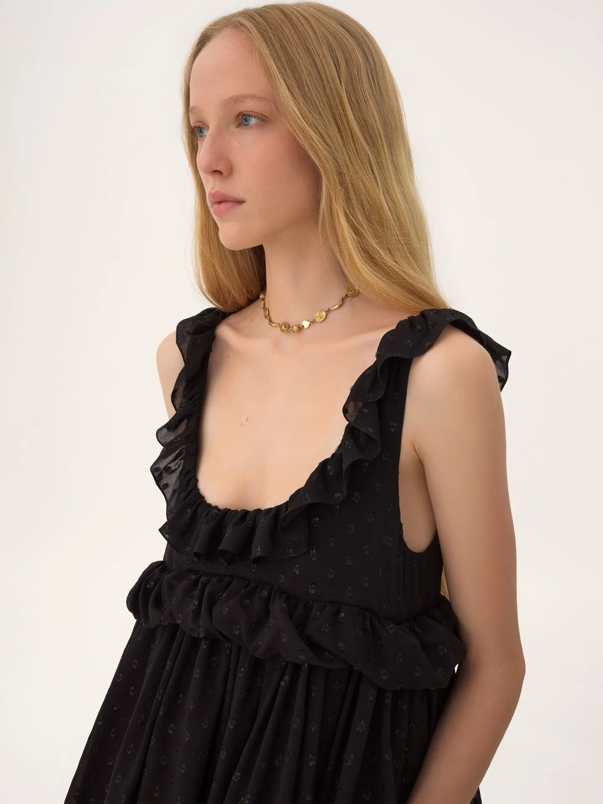 High-low sleeveless dress in silk georgette jacquard & lurex