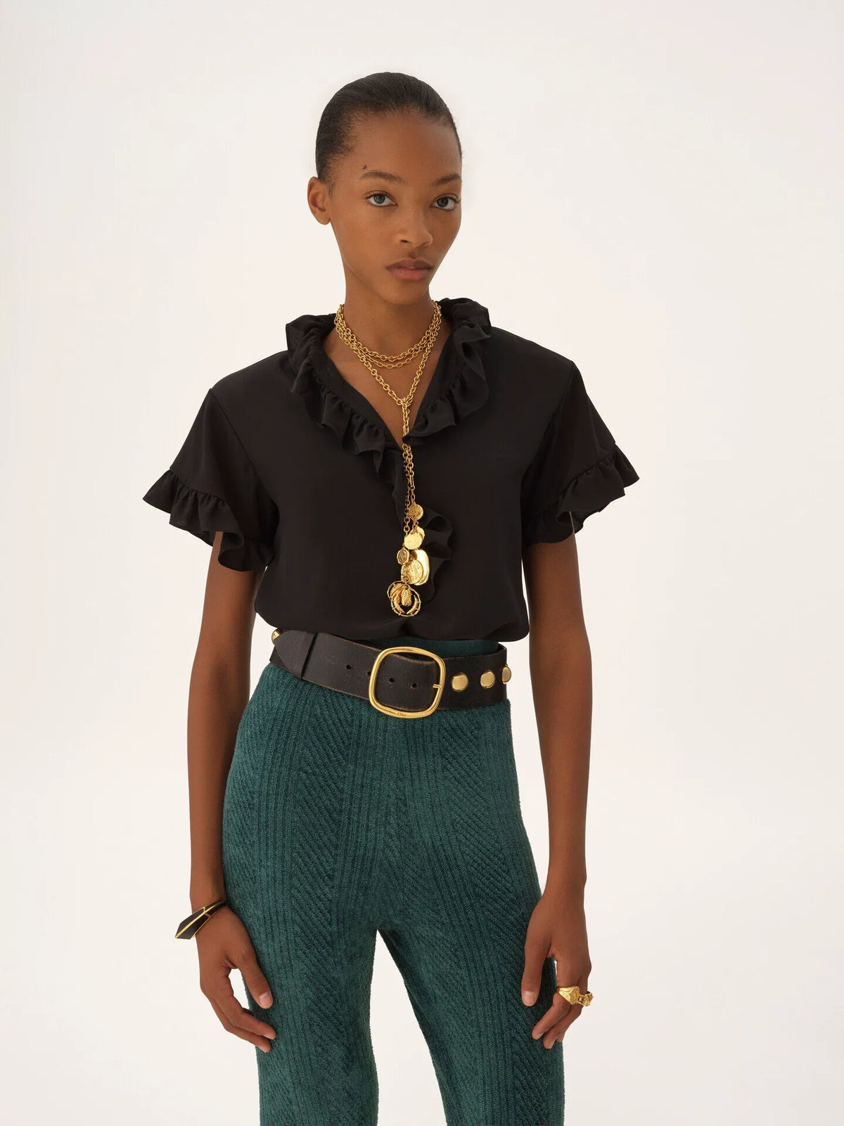 Short-sleeve ruffle top in crêpe de chine