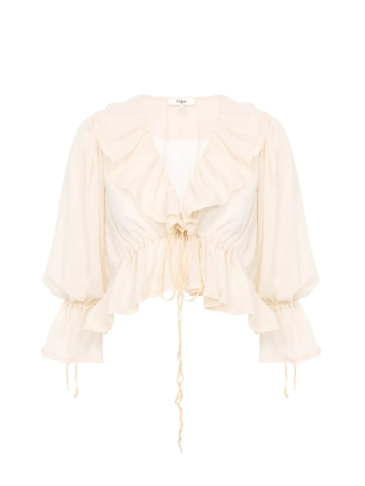 Cropped V-neck ruffle top in silk georgette & lace