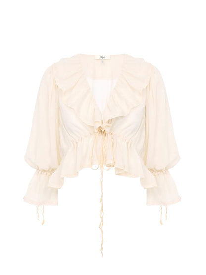 Cropped V-neck ruffle top in silk georgette & lace