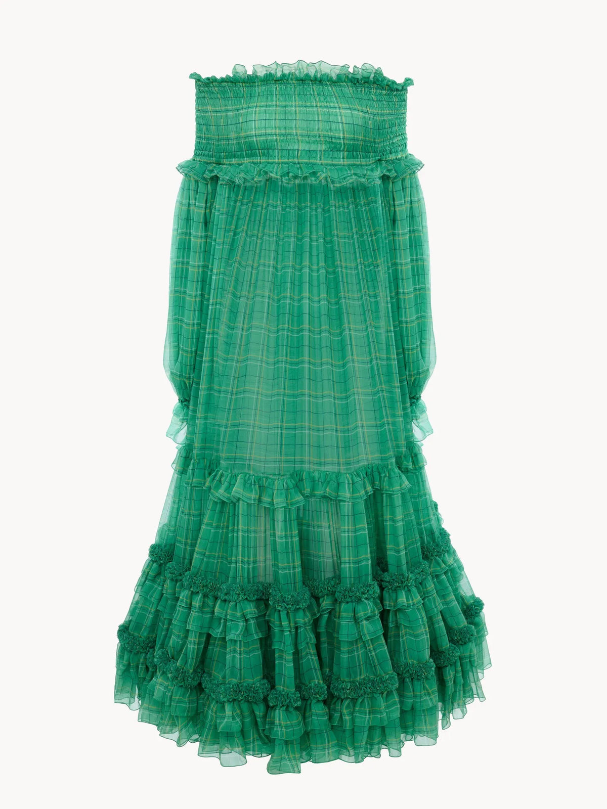Off-the-shoulder long dress in check silk mousseline