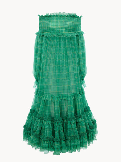 Off-the-shoulder long dress in check silk mousseline