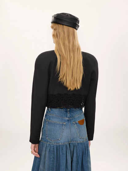 Collarless cropped jacket in wool grain de poudre & lace
