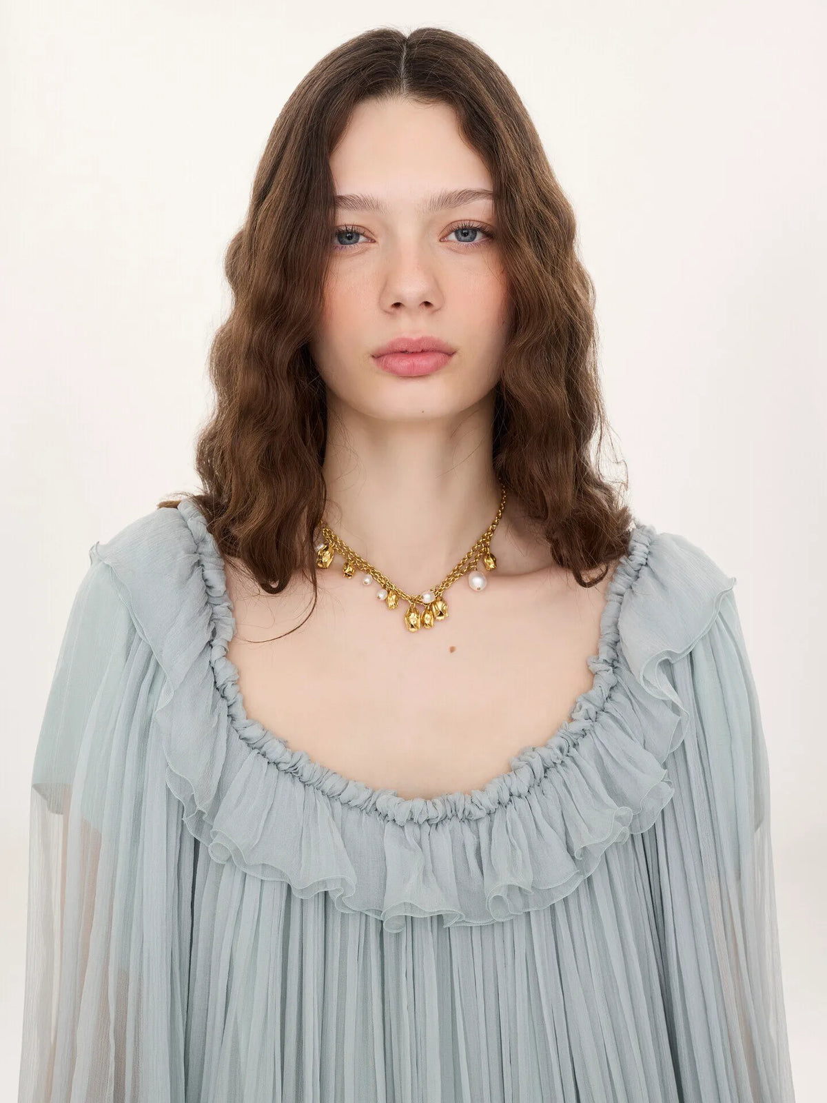 Gathered mini dress in silk mousseline