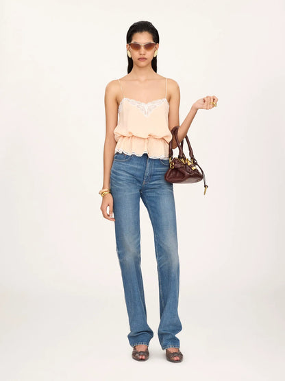 Drawstring camisole top in silk jacquard & lace