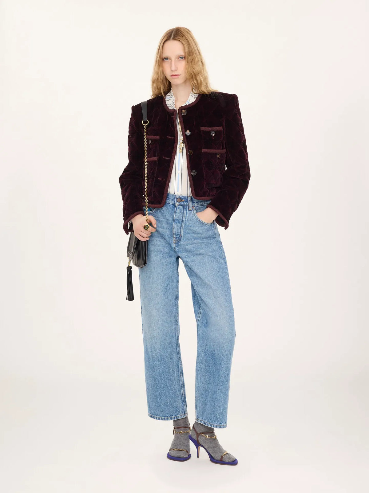 Boxy collarless jacket in check cotton