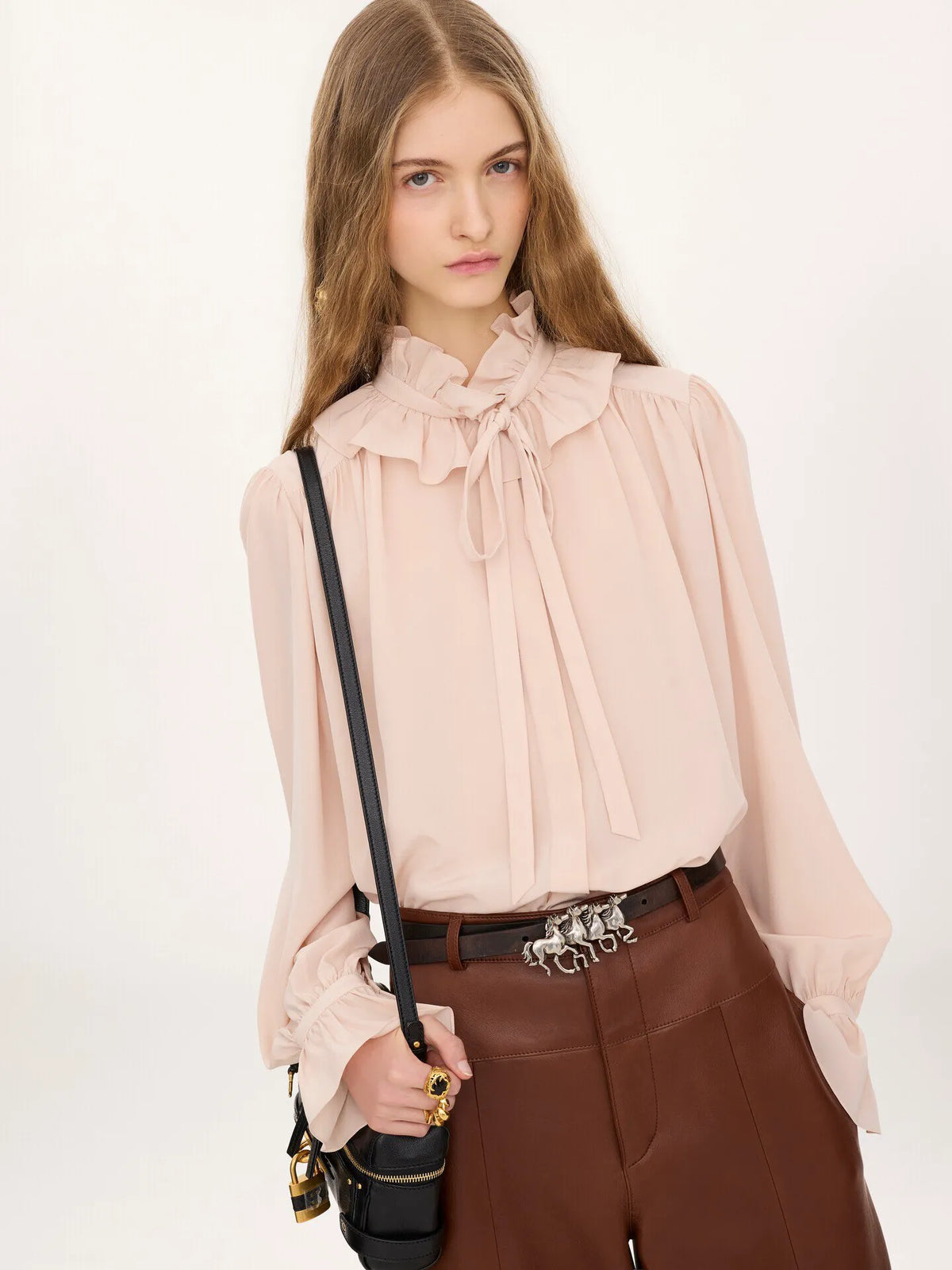 Tie-front ruffled blouse in crêpe de chine