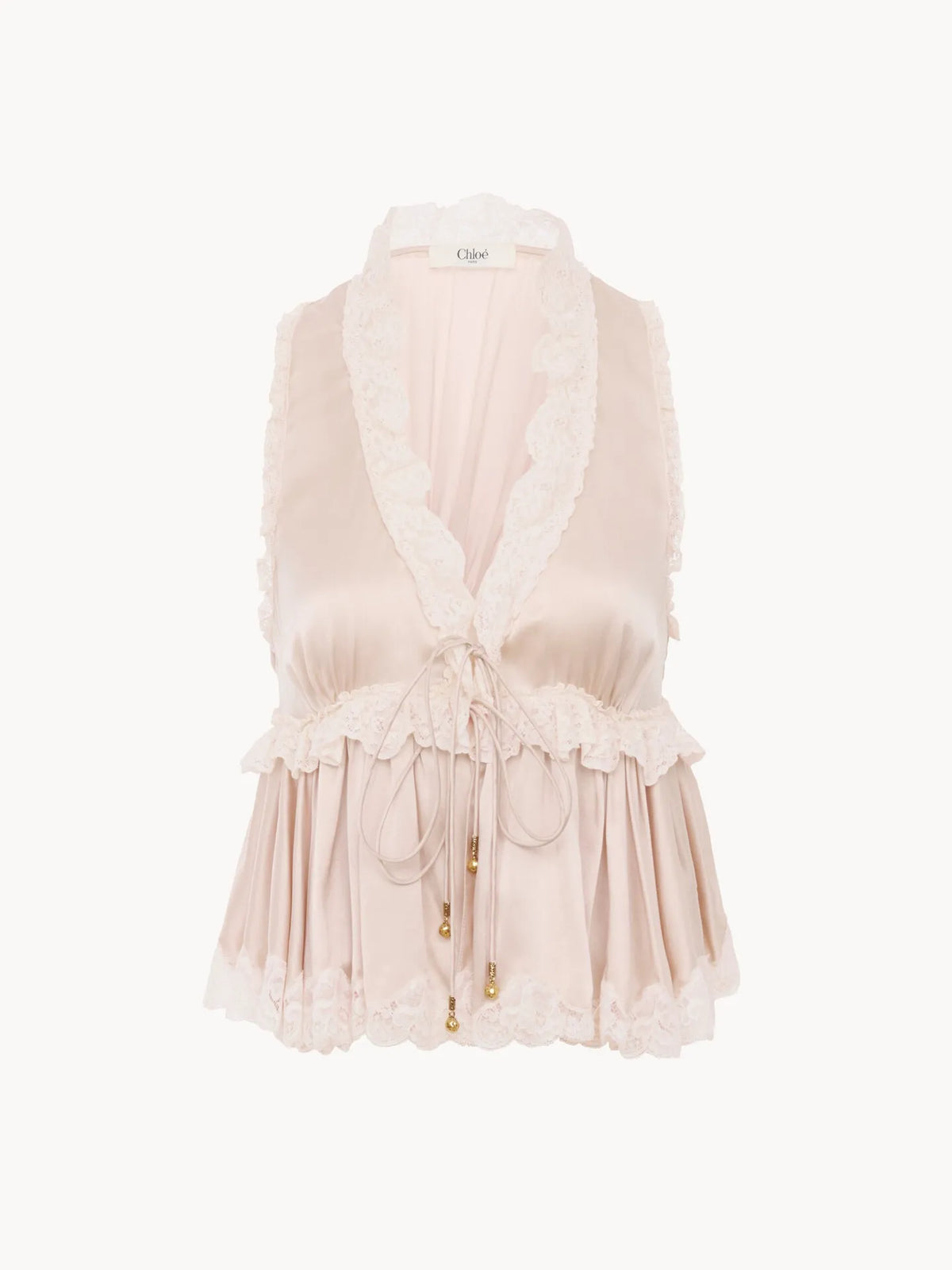 Tie-front sleeveless top in washed silk satin & lace