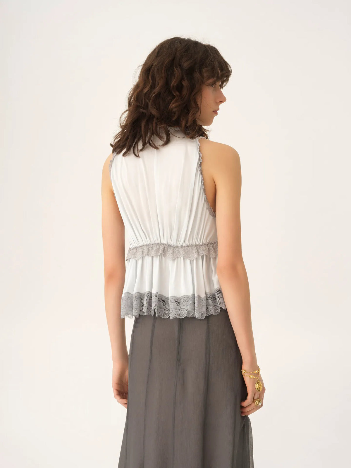 Tie-front sleeveless top in washed silk satin & lace