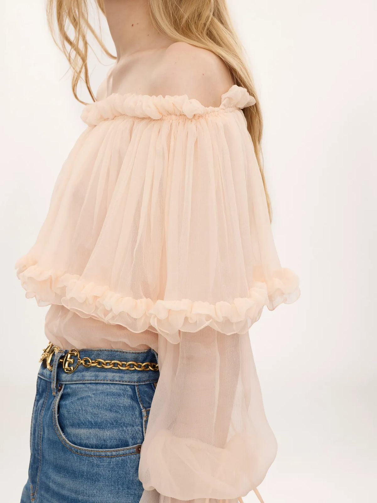 Off-the-shoulder puff-sleeve top in silk mousseline