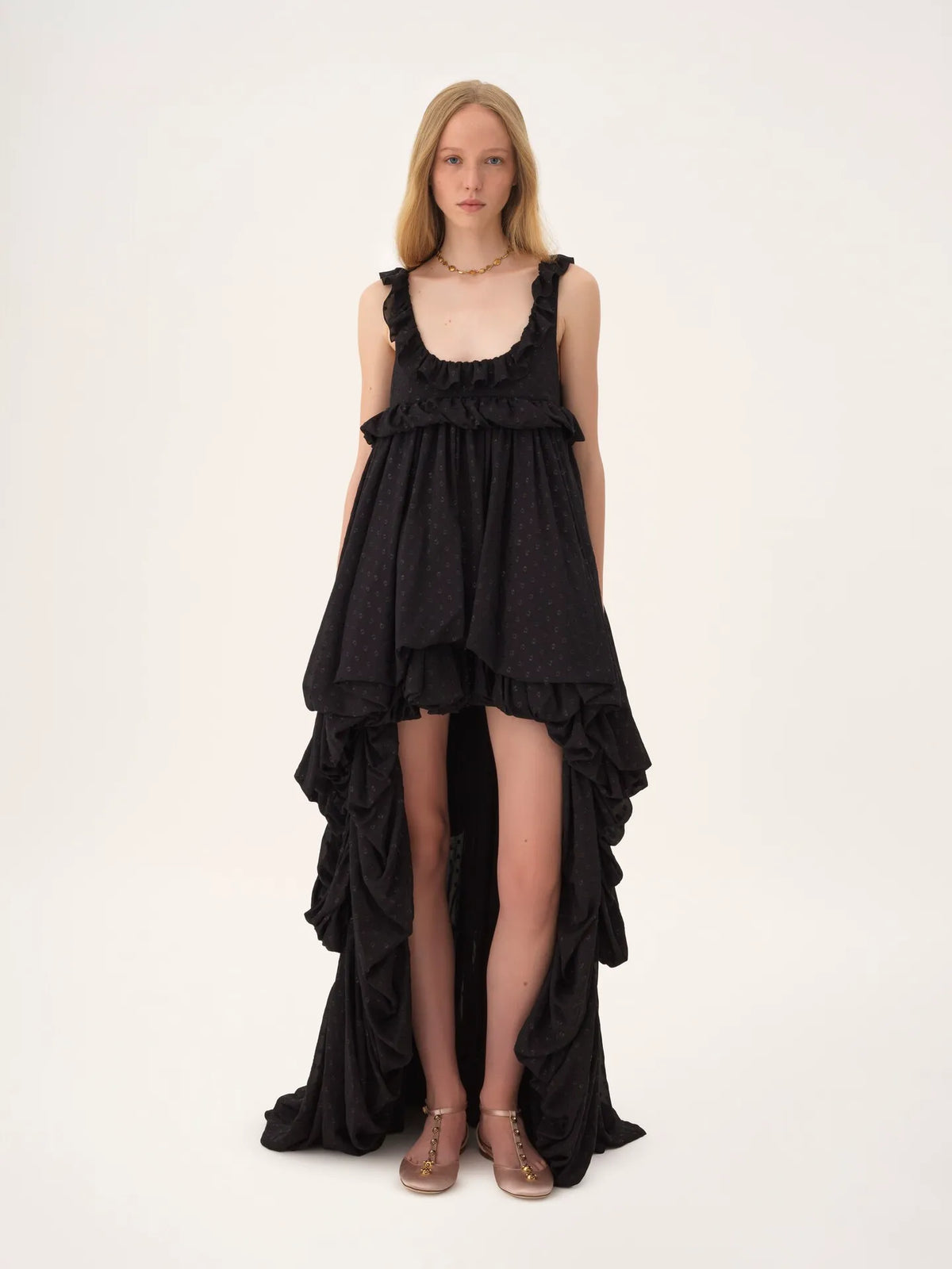 High-low sleeveless dress in silk georgette jacquard & lurex