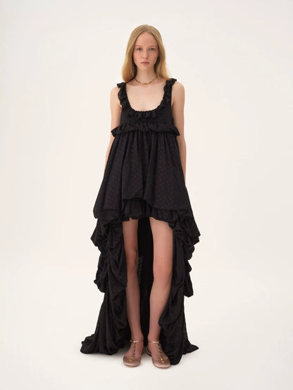High-low sleeveless dress in silk georgette jacquard & lurex